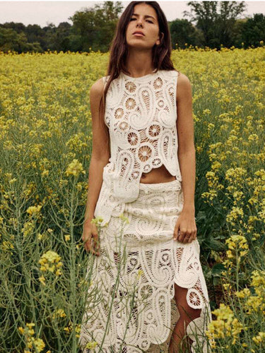 Levoire | Vêtements pour femmes Retro Mi-fente Étagère Forme Irrégulière Col Rond Sans Manches T-shirt + Jupe Ensemble
