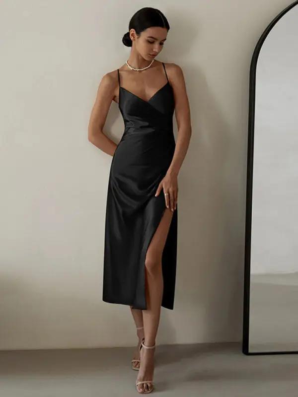 Levoire | Nouveau V-strap plissé taille bretelle fente Midi Robe