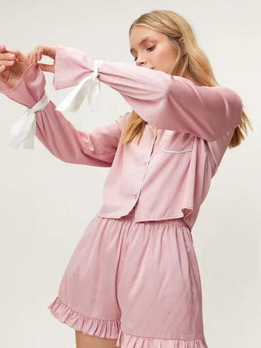 Levoire | Nouveau style de chemise à col retourné à manches longues, short pouvant être porté comme vêtements de maison et pyjamas, ensemble deux pièces