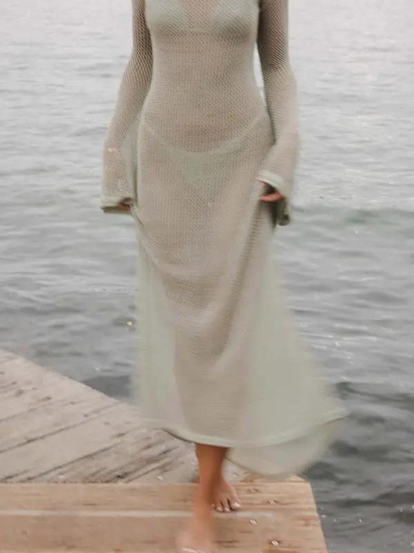 Levoire | Nouveau style tricoté à manches longues dos nu ouvert sexy transparent longueur maxi au sol
