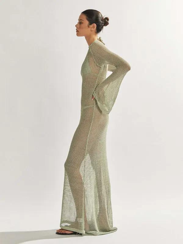Levoire | Nouveau style tricoté à manches longues dos nu ouvert sexy transparent longueur maxi au sol