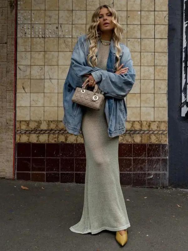 Levoire | Nouveau style tricoté à manches longues dos nu ouvert sexy transparent longueur maxi au sol