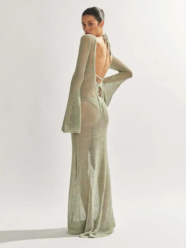 Levoire | Nouveau style tricoté à manches longues dos nu ouvert sexy transparent longueur maxi au sol