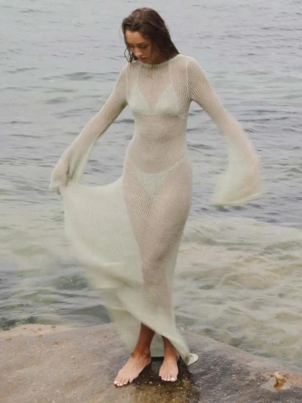 Levoire | Nouveau style tricoté à manches longues dos nu ouvert sexy transparent longueur maxi au sol