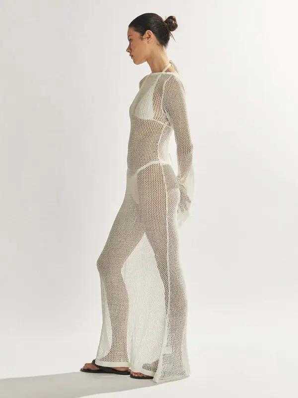 Levoire | Nouveau style tricoté à manches longues dos nu ouvert sexy transparent longueur maxi au sol