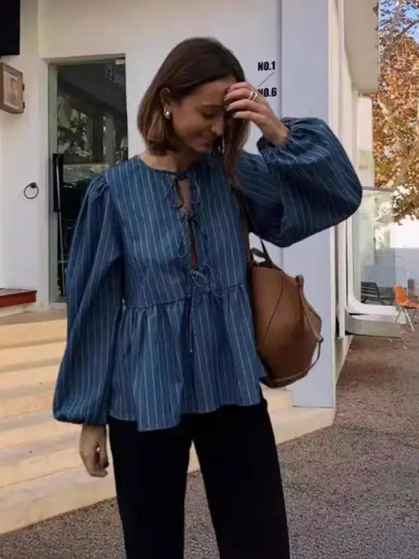 Levoire | Nouvelle mode dame décontractée tout-en-un cordon lâche à rayures haut Bleu