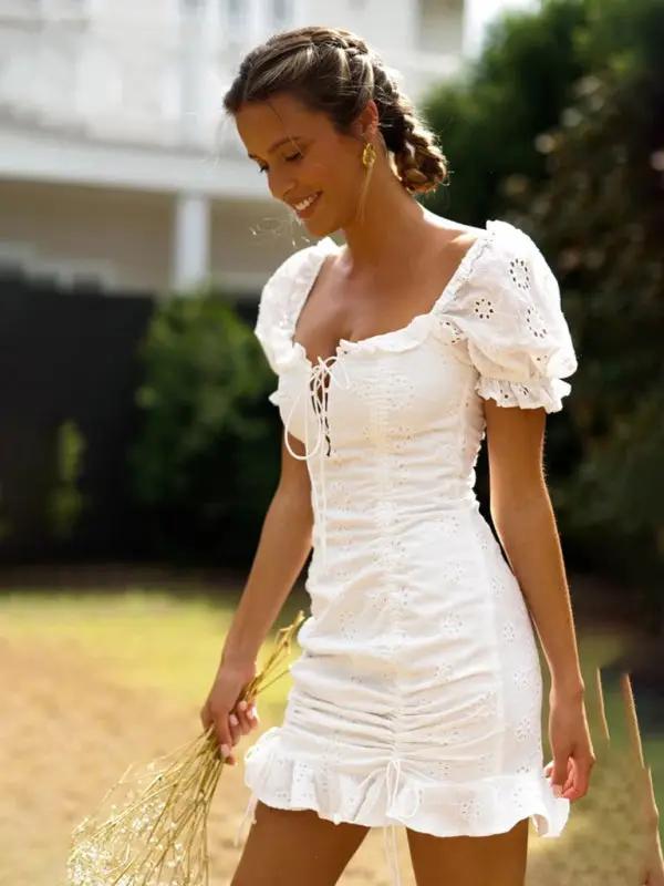 Levoire | Jupe taille haute pour femme, corde attachée, à la mode et sexy, robe courte plissée à col V