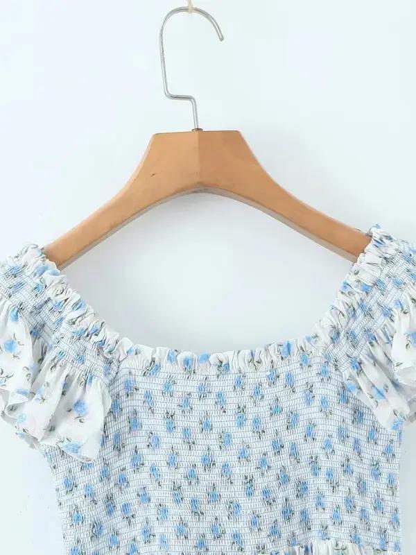 Levoire | Nouveau style à manches volantes élastiques plissées V-neck robe bleue à fleurs
