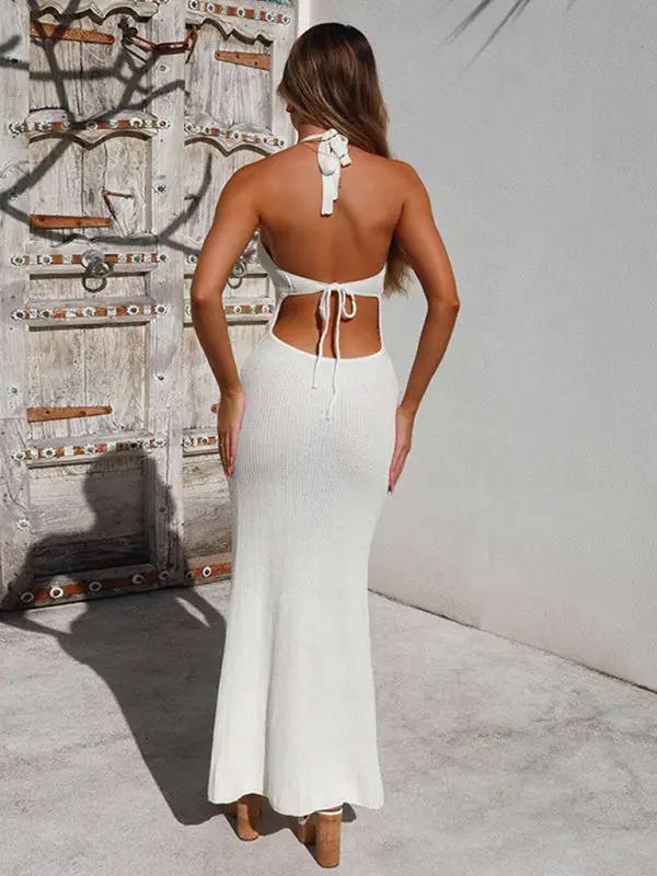 Levoire | Nouvelle mode femme col sexy décolleté profond dos nu tricot troué transparent robe