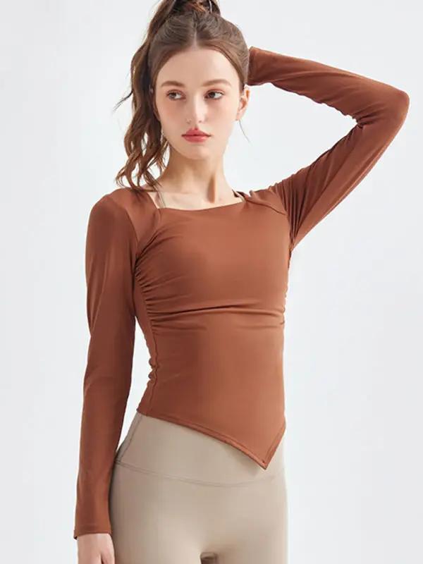 Levoire | Nouvelle col carrée couture irrégulière sport manches longues séchage rapide course-fitness-yoga-vêtements Braun