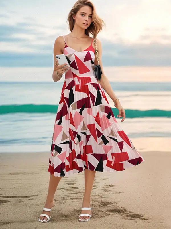 Levoire | Nouvelle Robe Midi A-Ligne à Imprimé Géométrique Femme Sling Vacances Rot