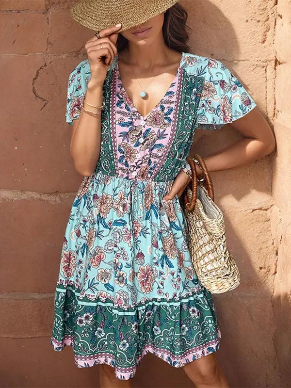 Levoire | Nouvelle robe femme V col boho-style Vert