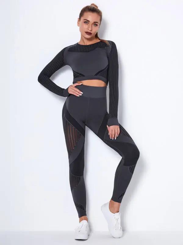 Levoire | Seamless fitted striped long-sleeved pants quick-drying yoga clothing sportswear set Gris anthracite