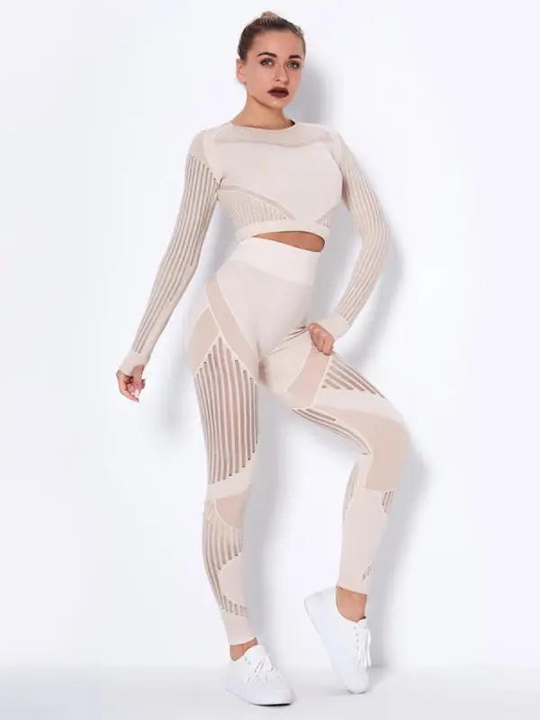Levoire | Seamless fitted striped long-sleeved pants quick-drying yoga clothing sportswear set Khaki