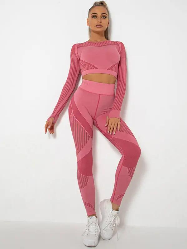 Levoire | Seamless fitted striped long-sleeved pants quick-drying yoga clothing sportswear set Rouge pastèque
