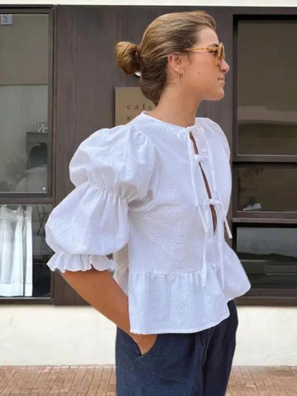 Levoire | Mode Col Rond Puffer Chemise Top avec design monochrome doux ajusté