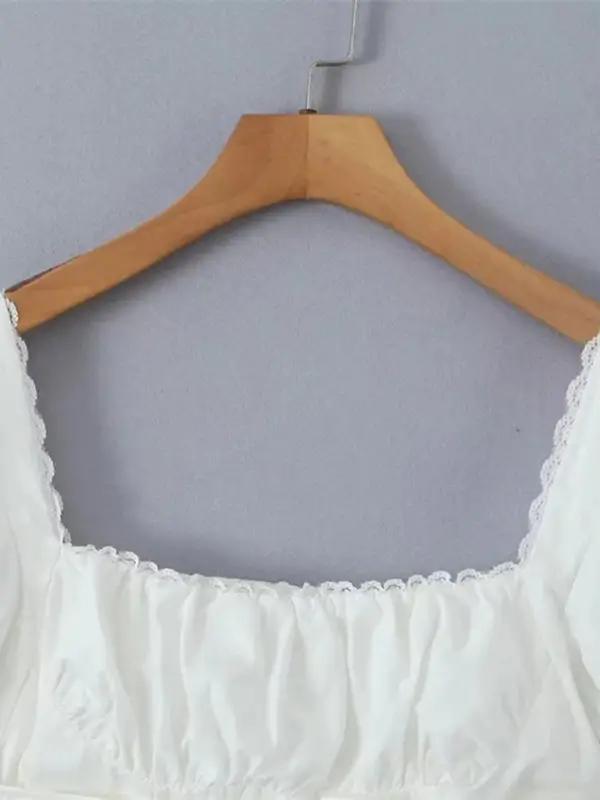 Levoire | Français Rétro Carré Cou Puffed Manches Super Courte Bouton Baug Exposant Chaud Fille Chemise