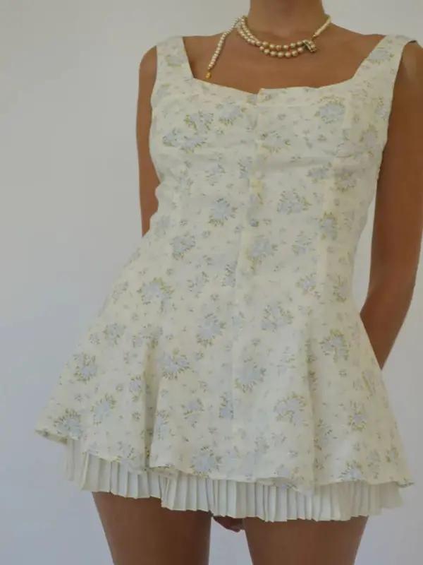 Levoire | Nouveau style confortable, décontracté et sexy petite robe plissée à fleurs avec bretelles Blanc