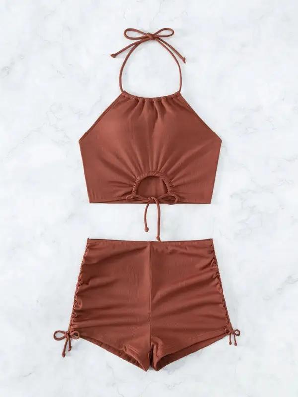 Levoire | Nouveau bikini uni à col halter avec short boxeur à fente