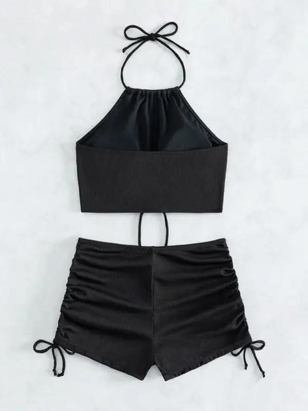 Levoire | Nouveau bikini uni à col halter avec short boxeur à fente