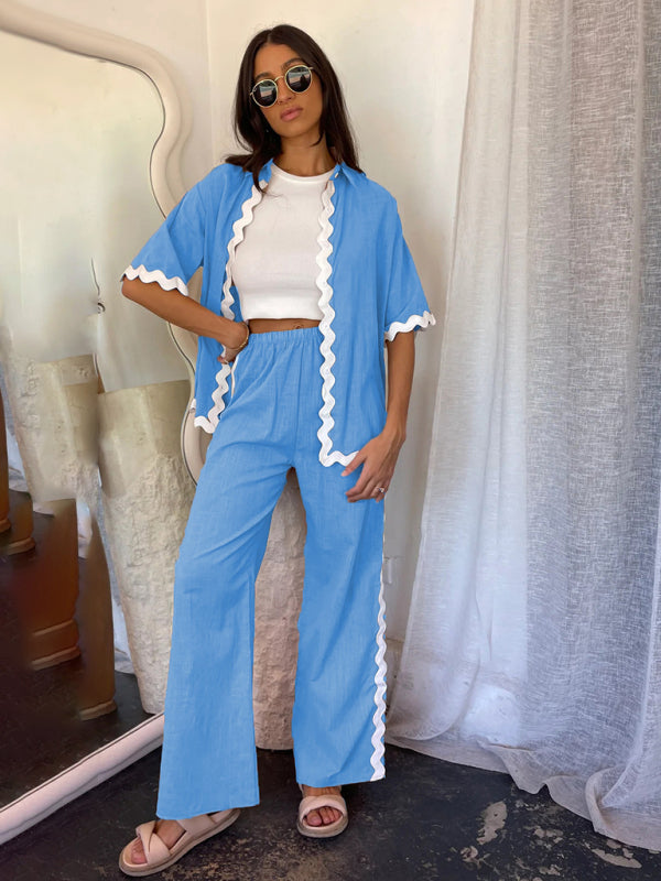 Levoire | Nouveau style de pantalons à taille ajustable et décontractés à une rangée à bout pointu et de tenue de chemise Azul ciel
