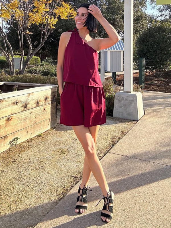 Levoire | Nouveau haut avec bord oblique et jambes larges ainsi que ceinture élastique à la taille, ensemble en deux pièces