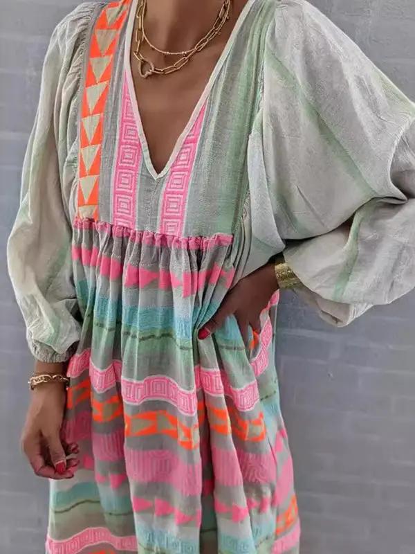 Levoire | Nouveau pull tendance profond V-neck loose manches bouffantes est une robe décontractée colorée