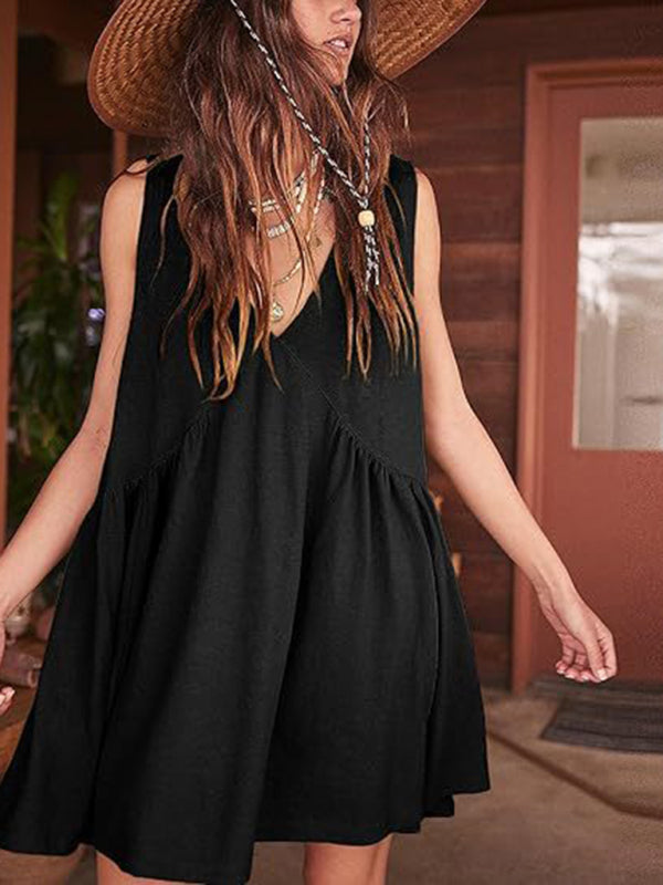 Levoire | Femmes Jupe-culotte V-Découpe sans manches plissée veste-poche robe Noir