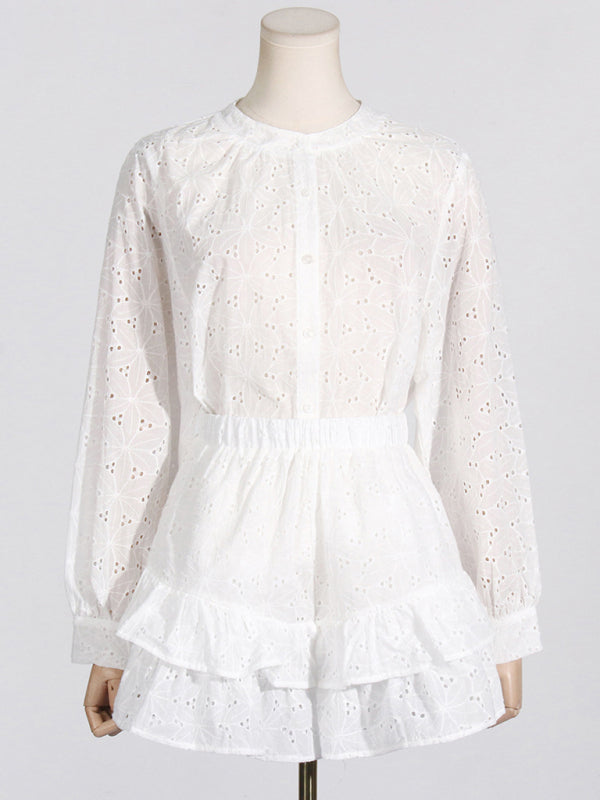 Levoire | Nouvelle chemise moderne à col rond perforé à manches longues, shorts à volants taille haute, tenue décontractée