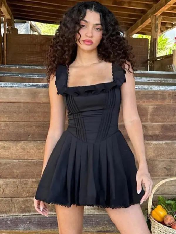 Levoire | Nouvelle robe corset à col carré en chevrons avec garniture en champignon Noir