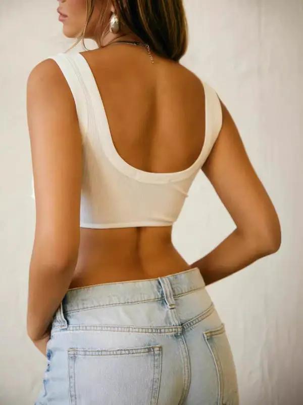 Levoire | Tops cami unicolores sexy courtes sans dos en décolleté profond à nœud