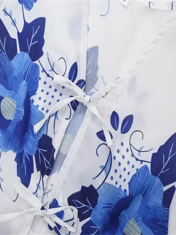 Levoire | Femmes motif floral irrégulier décolleté en V à manches courtes top noué avec des liens