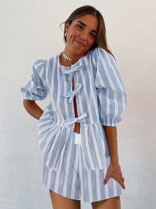 Levoire | Nouvelle chemise patchwork à rayures pointues mi-manches lâches Bleu