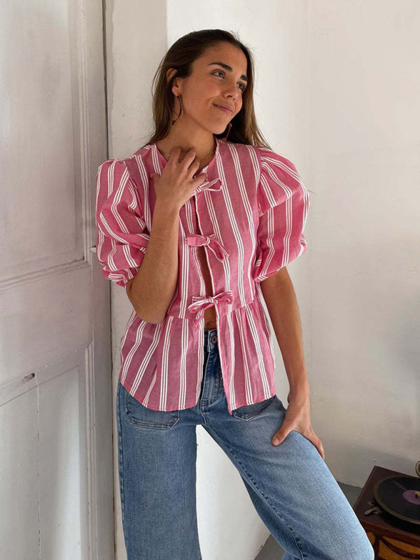 Levoire | Nouvelle chemise patchwork à rayures pointues mi-manches lâches