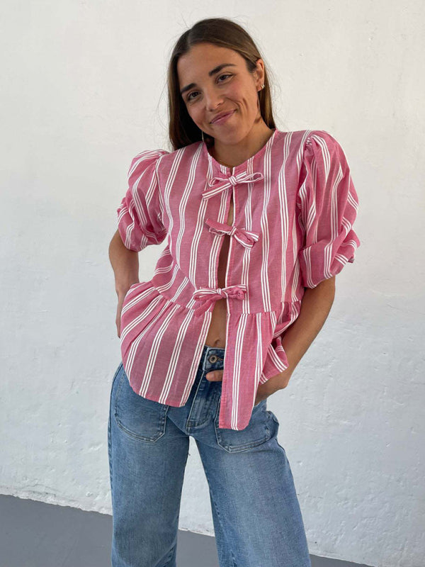 Levoire | Nouvelle chemise patchwork à rayures pointues mi-manches lâches