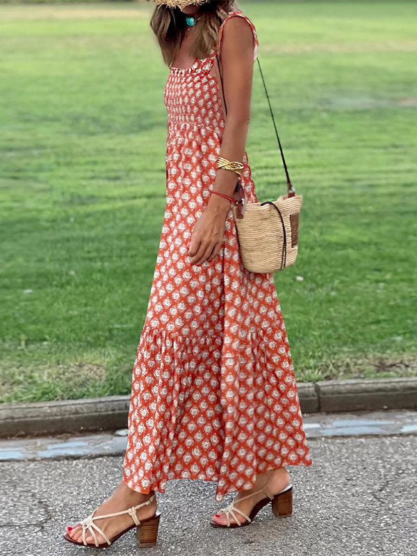 Levoire | Dame élégant imprimé élastique lanière jupe vacances style Fleur française lanière robe longue