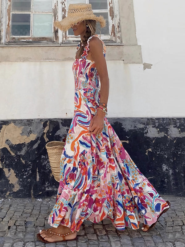 Levoire | Dame élégant imprimé élastique lanière jupe vacances style Fleur française lanière robe longue