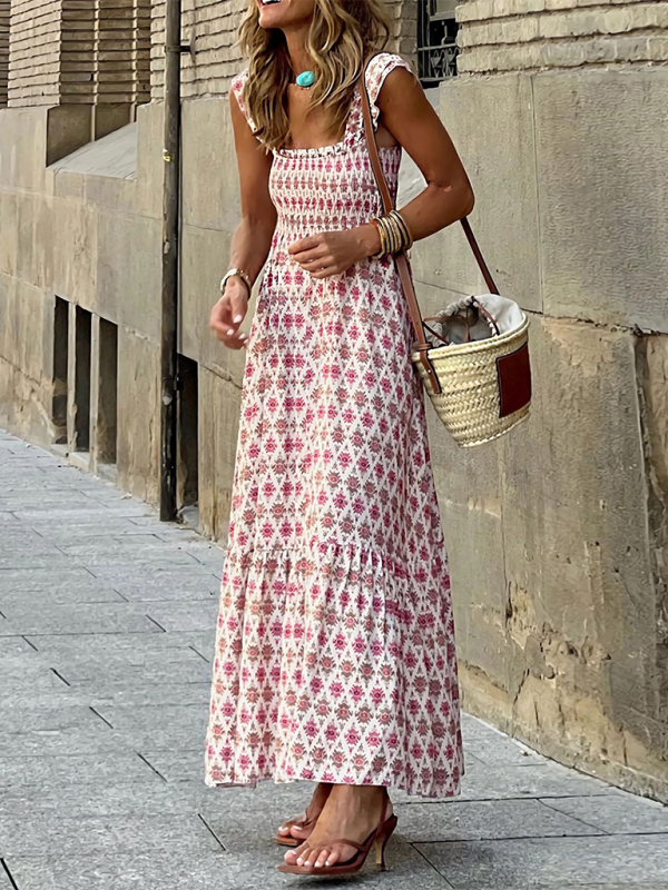 Levoire | Dame élégant imprimé élastique lanière jupe vacances style Fleur française lanière robe longue Rosa