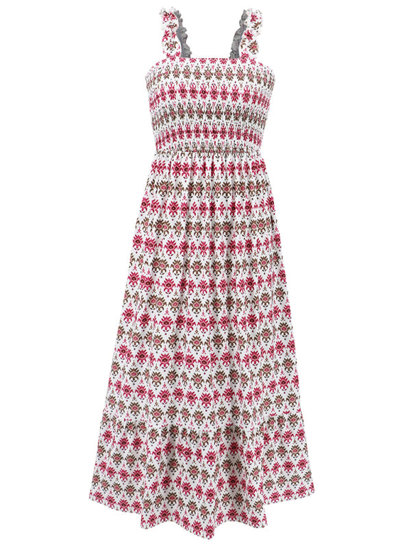 Levoire | Dame élégant imprimé élastique lanière jupe vacances style Fleur française lanière robe longue