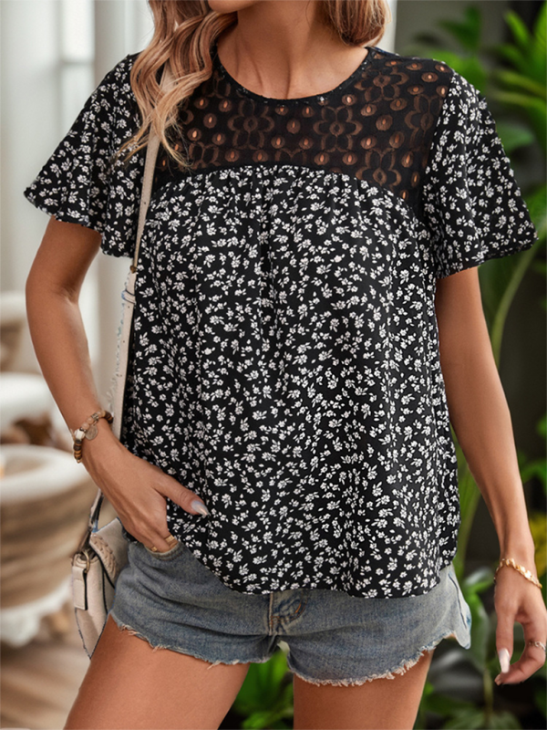 Levoire | Chemise femme avec patchwork pointu, imprimée, à manches courtes, col rond