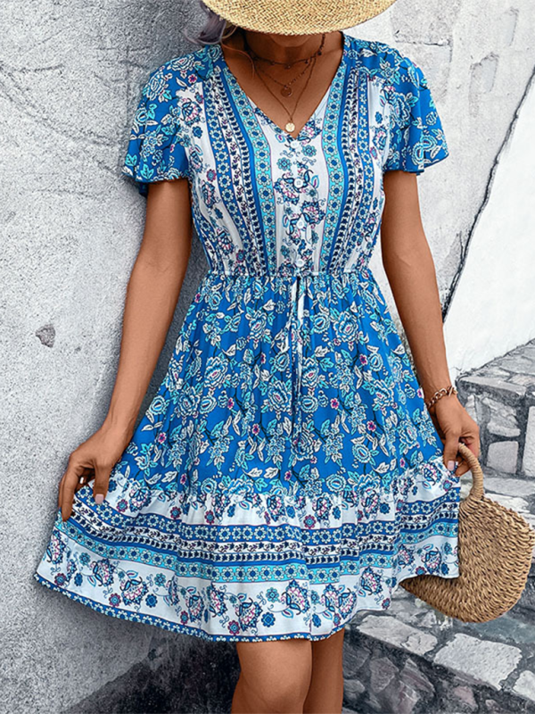 Levoire | Femme nouvelle robe bohéme à col en V style ethnique à fleurs Bleu
