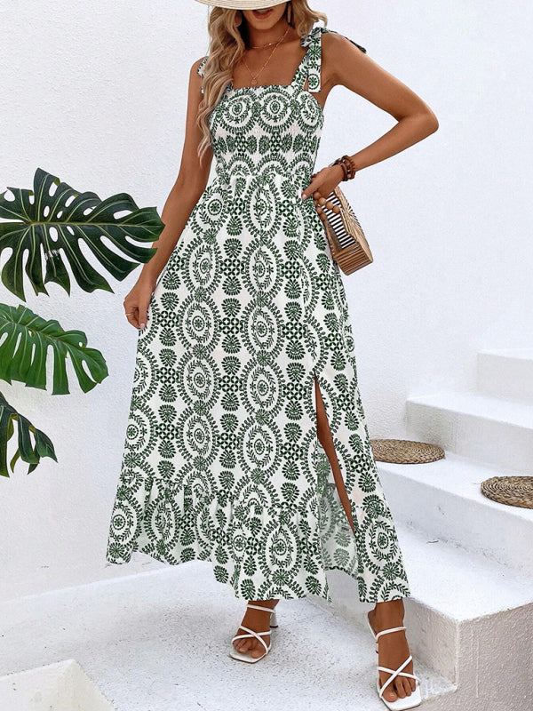 Levoire | Femmes nouvelle robe d'été à la mode à bretelles avec imprimé sans manches fente longue robe Vert