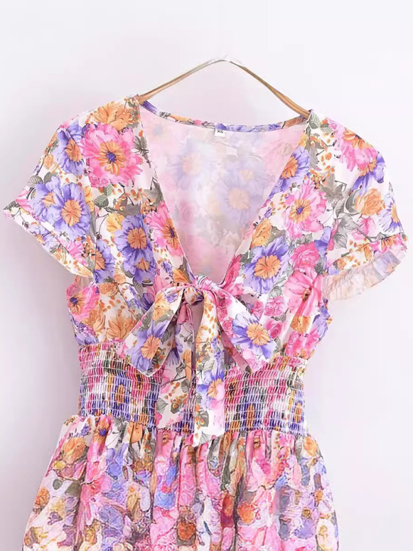 Levoire | Nouvelle robe à fleurs française à poches taille couture jupe évasée à manches courtes