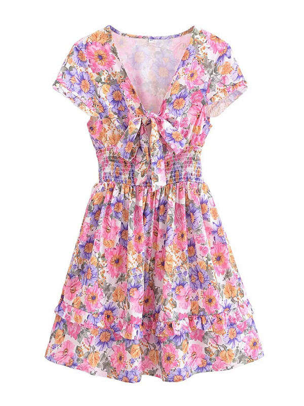 Levoire | Nouvelle robe à fleurs française à poches taille couture jupe évasée à manches courtes Rosa