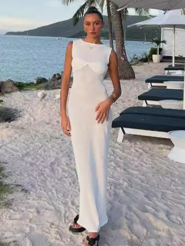 Levoire | sans manches robe de plage tricotée ajustée à col rond uni Blanc