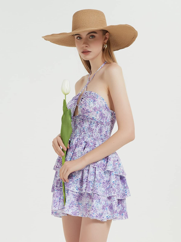 Levoire | Nouvelle impression florale sexy dos nu longueur midi combinaison courte en tulle