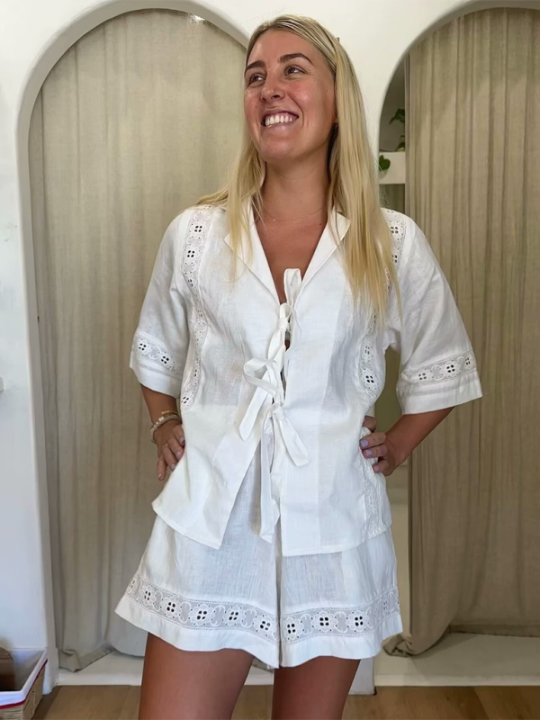 Levoire | Pour femmes Sans manches Chemisier à manches courtes + Pantalon court Ensemble Blanc