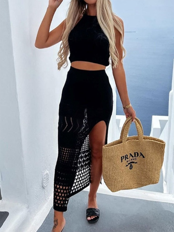 Levoire | Haut de bikini crop en dentelle + Jupe froncée couvrant les hanches ensemble deux pièces Musta