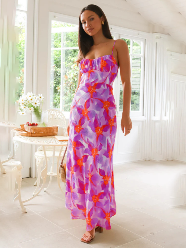 Levoire | Design de fleurs d'été frais et doux, robe midi sans dos Violet