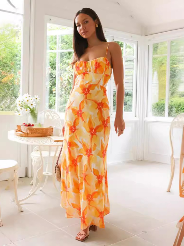 Levoire | Design de fleurs d'été frais et doux, robe midi sans dos